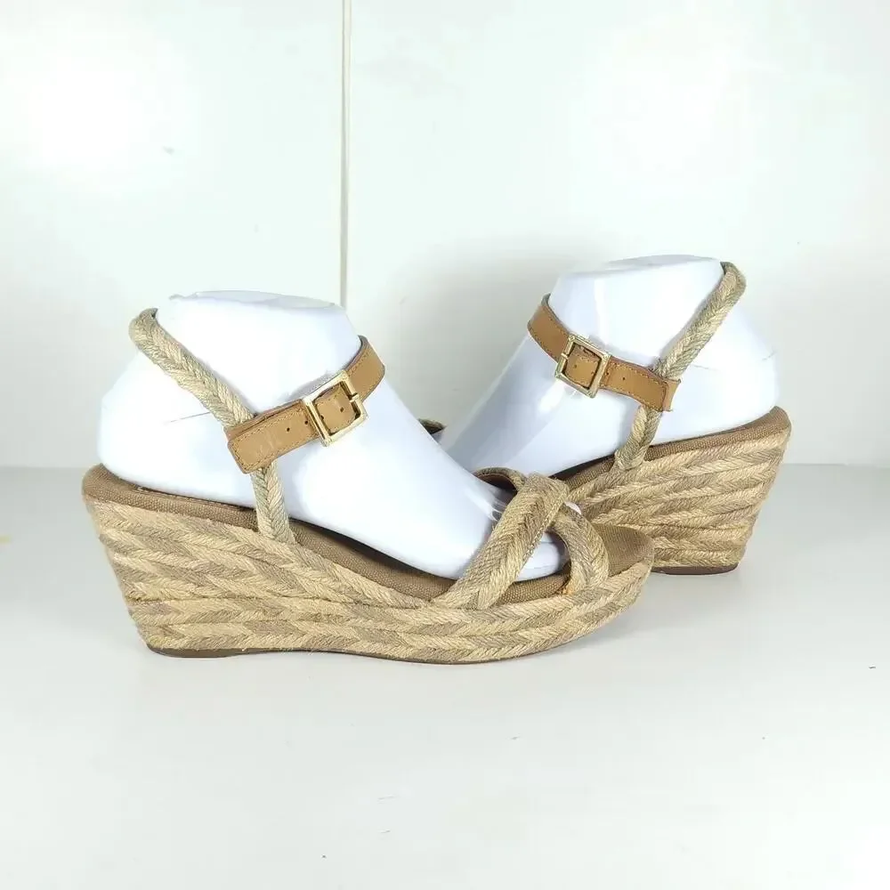 Tory Burch Camellia Women's US 8M Tan Jute Braided Rope Wedge Espadrilles